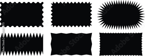Collection of Six Black Border Frame Designs with Serrated, Wavy, and Sharp Edges