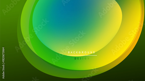 Abstract layers blend vibrant green, yellow, turquoise hues. Minimalist design features dark background, text elements. Smooth gradients create depth.
