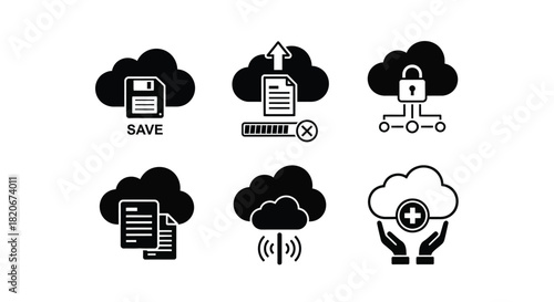 Cloud computing services data storage and security vector icons set
