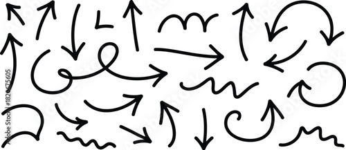 Hand Drawn Black Arrow Collection on White Background Directional, Curvy, and Straight Arrows