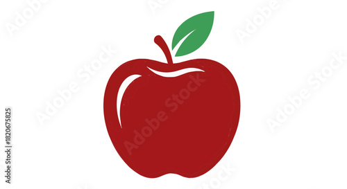 Stylized Red Apple Icon with Green Leaf Isolated on White Background