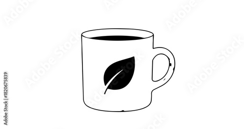 White Mug with Green Leaf Icon and Hot Tea or Coffee Isolated on White