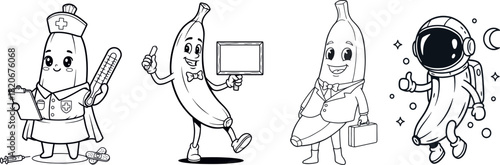 Cute Banana Character Professions Set – Nurse, Presenter, Businessman, Astronaut | Fruit Mascot Line Art (Musa acuminata)