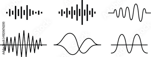 Set of Black and White Sound Wave Visualizations Audio Frequencies, Voiceprints, and Oscillations