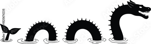 Silhouette of Loch Ness Monster with Spikes in Water, Black and White Illustration
