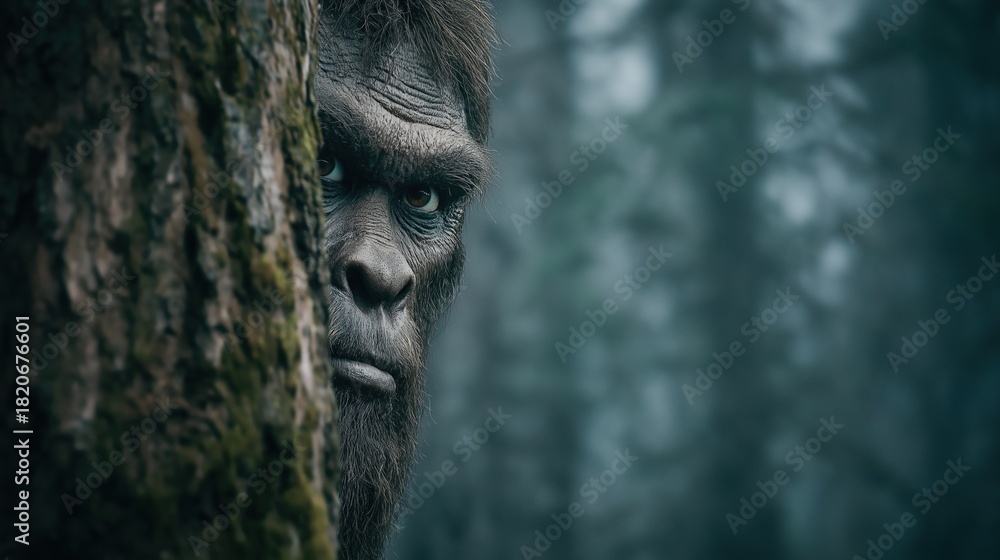 Naklejka premium Sasquatch peering from mossy forest tree