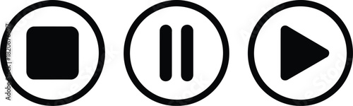 Three Media Control Icons Stop, Pause, and Play in Circular Black and White Design