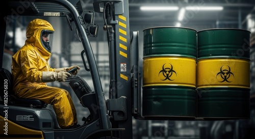 Worker in yellow hazmat suit operating a forklift carrying biohazard waste barrels. Industrial safety and hazardous material handling.
