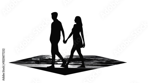 A romantic silhouette of a couple walking hand in hand along a serene shoreline at sunset with gentle waves and a peaceful atmosphere perfect for themes of love and companionship