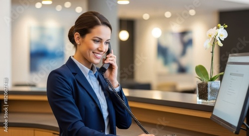 Woman receptionist talking on telephone at hotel desk. Friendly professional communication by hotel administrator for customer support.