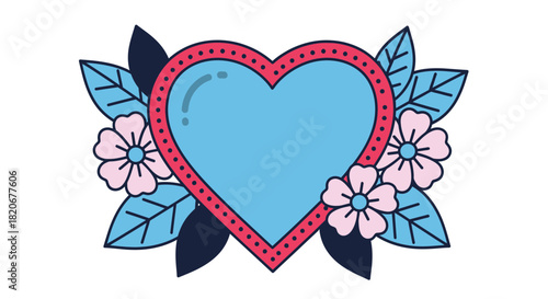 Charming heart emblem surrounded by delicate flowers and lush leaves, perfect for expressing love and affection.