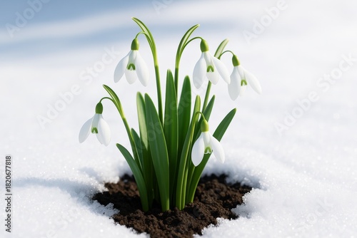 Wallpaper Mural Snowdrops blooming through melting snow on soil patch under soft sunlight with bright background, creative concept of early spring awakening. Ai generative Torontodigital.ca