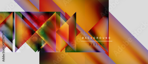 Abstract geometric shapes, vibrant colors blend. Modern design elements create dynamic visual impact. Background features gradients, triangles, circles.