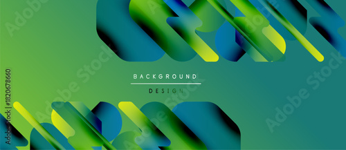 Abstract geometric shapes overlap, creating dynamic green gradient background. Modern design elements suggest movement, depth.