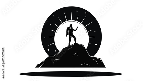 Silhouette of an adventurer standing on a rocky cliff gazing at a vast landscape symbolizing exploration discovery and the spirit of adventure