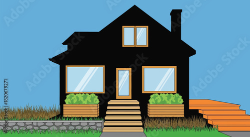 Modern black house exterior design with landscape and blue sky art