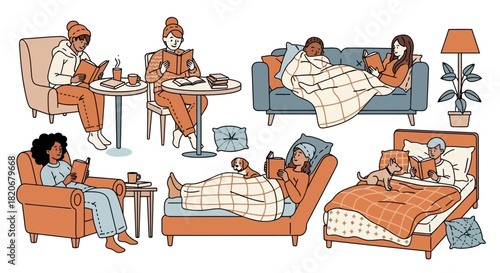 Collection of People Reading Books in Various Relaxing Settings Study, Comfort, and Leisure Moments