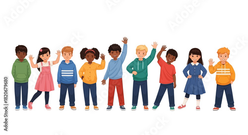 Diverse Group of Children Waving Hands, Smiling and Displaying Joy in a Vector Illustration