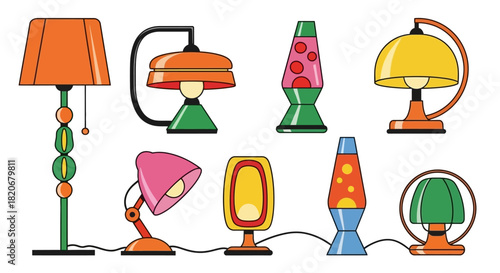 Colorful collection of vector lamps with diverse designs for interior decoration and lighting concepts