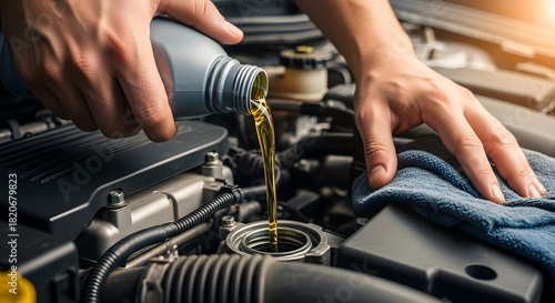 Engine maintenance close up: Adding fresh oil to a car engine to improve performance, A man pours motor oil into his car engine with care, ensuring smooth operation
