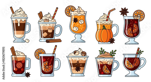 Assortment of festive beverages for autumn and winter celebrations, with various flavors
