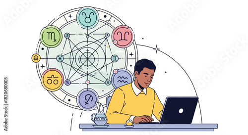 Man working on laptop with astrological chart, horoscope, and zodiac signs for astrology and divination