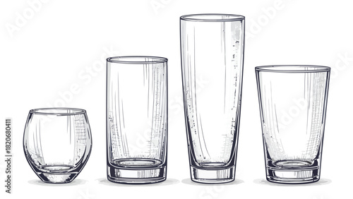 Elegant sketch of assorted glassware, perfect for showcasing drink recipes or adding a touch of sophistication to your design projects with timeless appeal
