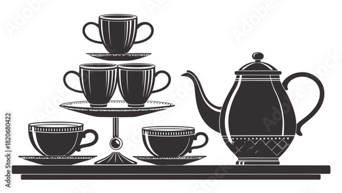 Elegant teaware display for afternoon tea, perfect for café menus or vintage-themed designs, a timeless monochrome illustration in a classic style