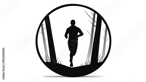Dynamic silhouette of a determined runner in motion speeding through a mysterious atmospheric misty forest landscape at dawn or dusk