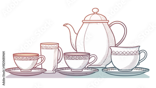 Elegant tea party invitation design with teapot and cups, perfect for afternoon tea gathering or vintage event poster, scalable vector graphic