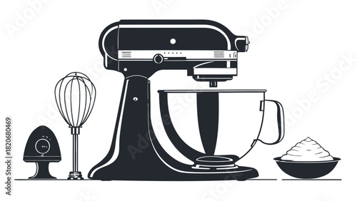 Whipping Up Delightful Treats Await with this Stand Mixer, Egg Timer, Whisk, and Bowl of Fluffy Cream, Perfect for Baking Enthusiasts & Foodies Alike