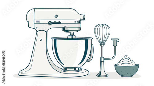 Elegant stand mixer illustration with whisk and cream, ideal for baking blogs and culinary designs, perfect for adding a touch of kitchen charm to any project