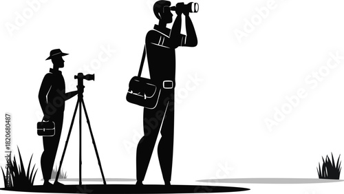 A lone figure stands observing nature through binoculars depicted as a clean minimalist silhouette against a neutral background perfect for outdoor themes