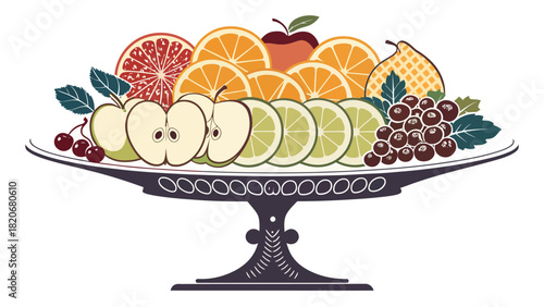 Elegant fruit bowl arrangement with sliced oranges, limes, apples, grapes, cherries, and pear offering a vibrant and healthy snack option for any occasion