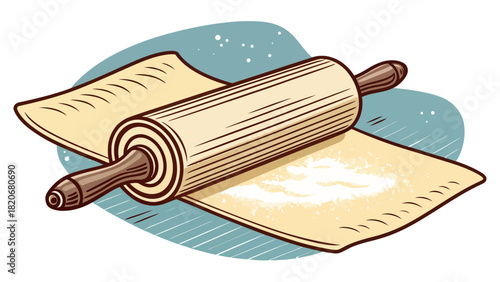 Rolling dough with a rolling pin for baking delicious treats, perfect for food blogs, recipes, or culinary designs with cooking process illustration