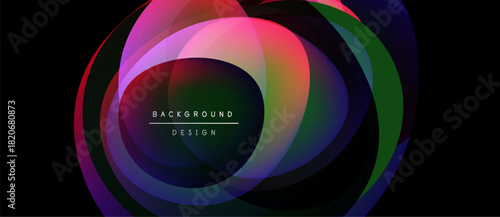 Abstract colorful layers create dynamic visual effect. Gradient circles overlap, forming modern background design. Text reads background design.