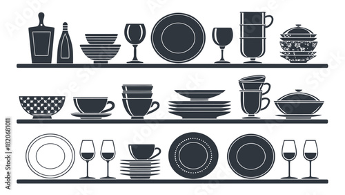 Elegant kitchenware collection on shelves, ready for your next dinner party or cooking adventure with this stylish tableware and kitchen essentials