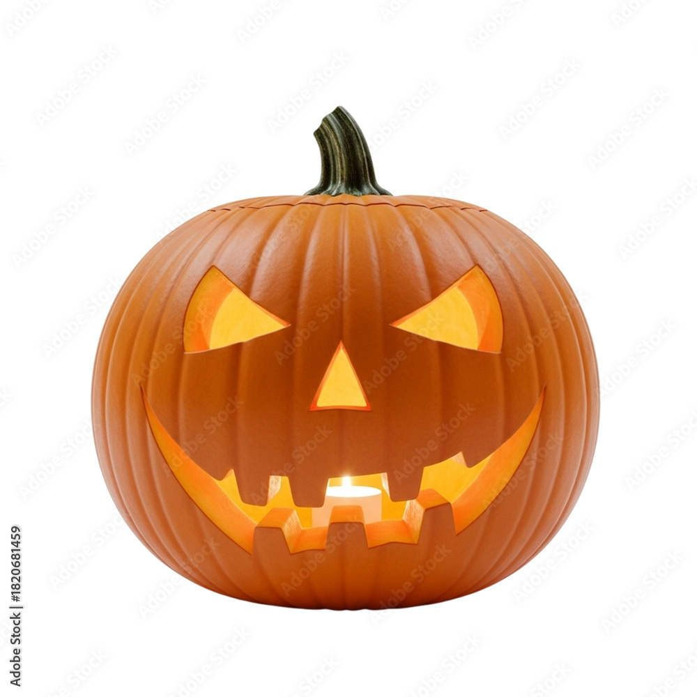 Fototapeta premium Spooky carved pumpkin lantern glowing with warm light on a white background, perfect for Halloween celebrations.