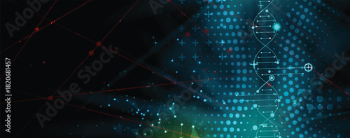 Abstract medical or science hexagons background, DNA strands, connected neural web