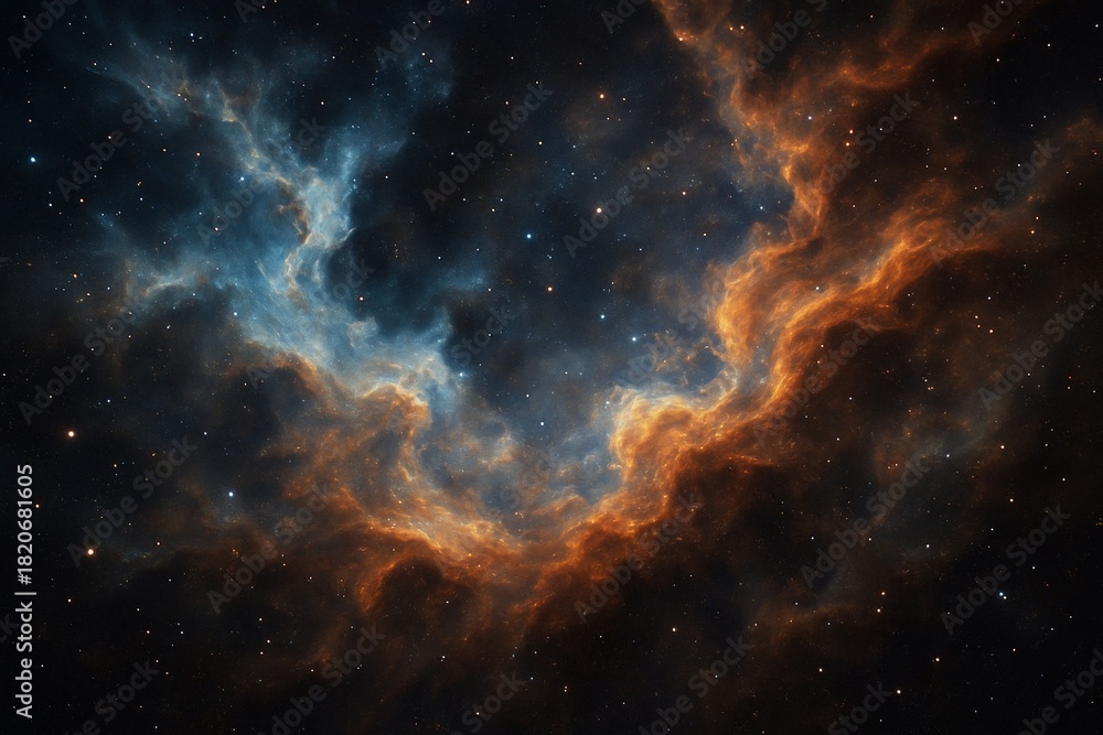 Fototapeta premium Cosmic nebula with swirling orange and blue gas clouds in deep space forming an abstract background with stars and glowing light accents. Ai generative