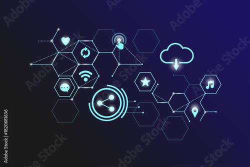 Abstract blue digital technology network background with cloud and social media icons, Cloud internet technology.