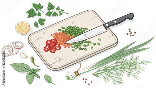 Fresh ingredients and knife ready for cooking a delicious meal, vibrant spices and vegetables on cutting board, vibrant cooking preparation scene