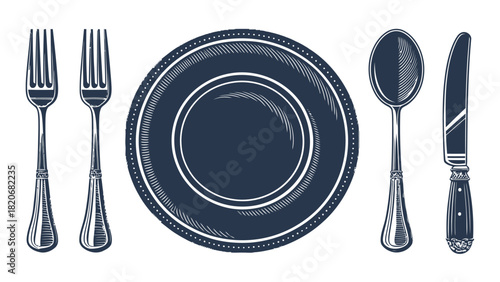 Elegant vintage dining set illustration featuring plate, forks, spoon, and knife for restaurant menus, culinary projects, and sophisticated table setting designs