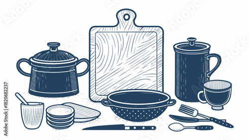 Timeless kitchenware collection, perfect for culinary projects and classic designs, evoking a vintage charm with essential cooking elements