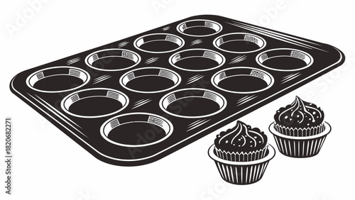 Baking delicious homemade cupcakes using a muffin tin for a delightful treat, perfect for birthdays, parties, and sweet celebrations, original vector art