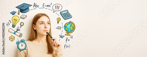 Thoughtful young woman with education-themed doodles around her head on a clean light background, concept of learning and innovation in science.