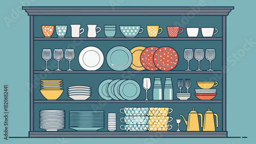 Organized kitchenware illustration featuring modern dishware, cups, and glasses for a clean, contemporary lifestyle or restaurant concept, originally a vector