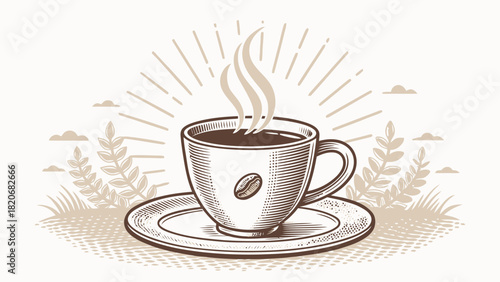 Steaming coffee cup illustration, perfect for cafe promotions, coffee product ads, or vintage style branding; enjoy this detailed beverage graphic