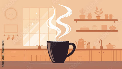 Cozy kitchen scene with steaming coffee, vector style illustration for a comforting, warm ambiance, ideal for food blogs, lifestyle brands and home decor