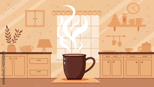 Warm cup of comforting coffee creates a cozy kitchen scene, perfect for relaxation, a calming illustration with inviting home atmosphere and morning bliss